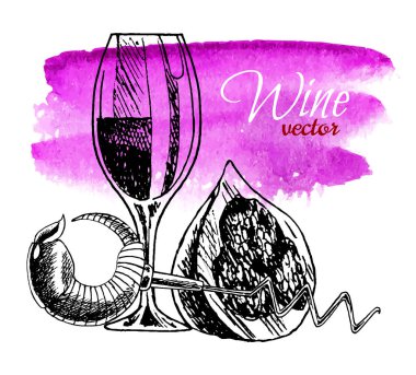 Bir bardak şarap ve tirbuşon. Siyah vintage oyma vektör illüstrasyon suluboya arka plan ile izole. Etiket, poster ve web için.