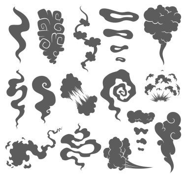 Bulutlar toz ve duman karikatür. Komik üfle ve buhar vektör kümesi. Komik beyaz koku aroma veya koku illüstrasyon.