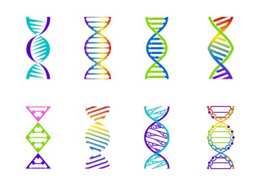 DNA molekül işareti, genetik elemanlar ve simgeler koleksiyon Strand. Vektör renk degrade illüstrasyon.