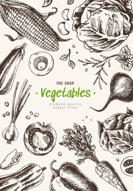 Sebzeler üst görünüm çerçevesi. Çiftçiler Pazar menü tasarımı. Organik gıda poster. Domates, biber, soğan, lahana, pancar, havuç, mantar, Mısır ile el çizilmiş gravür tarzı doku.