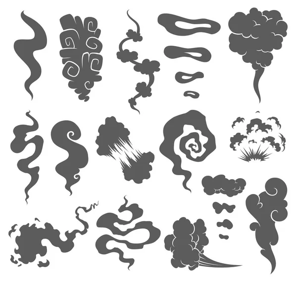 Cartoon smoke and dust clouds. Comic puff and steam vector set. Comic white stench aroma or smell illustration. — Stock Vector