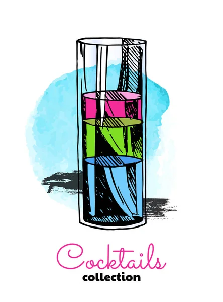 Illustration dessinée à la main de cocktail et éclaboussures d'aquarelle. Illustration vectorielle d'été trois couleurs . — Image vectorielle
