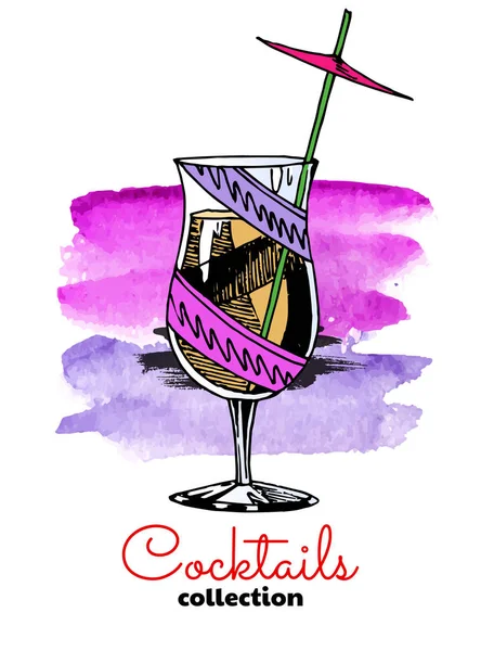 Illustration dessinée à la main de cocktail et éclaboussures d'aquarelle. Illustration vectorielle couleur été . — Image vectorielle