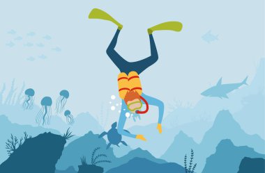 Vektör karikatür tarzı sualtı arka plan deniz flora ve fauna ile. Mercan, deniz bitki ve balıklar siluetleri. Scuba Diver denizin dibindeki araştırıyor. Dalış kulübü afiş.