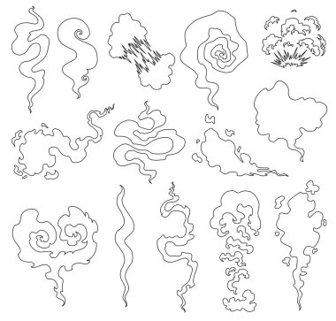 Bulutlar toz ve duman karikatür. Komik üfle ve buhar vektör kümesi. Komik beyaz koku aroma veya koku illüstrasyon.