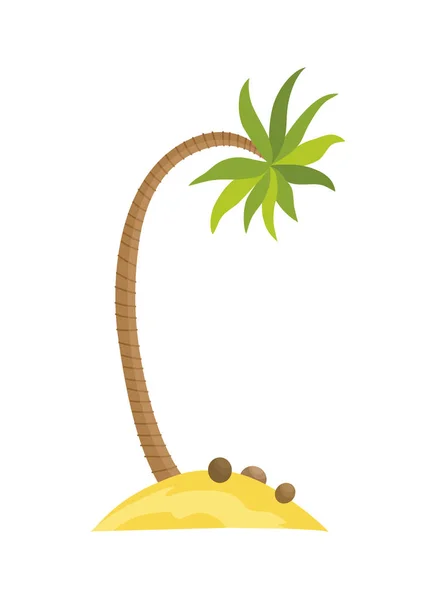Palma tropical na ilha com ondas do mar ilustração vetorial isolado fundo branco. Praia debaixo da palmeira. Férias de verão em trópicos. Desenhos animados ilustração vetorial — Vetor de Stock