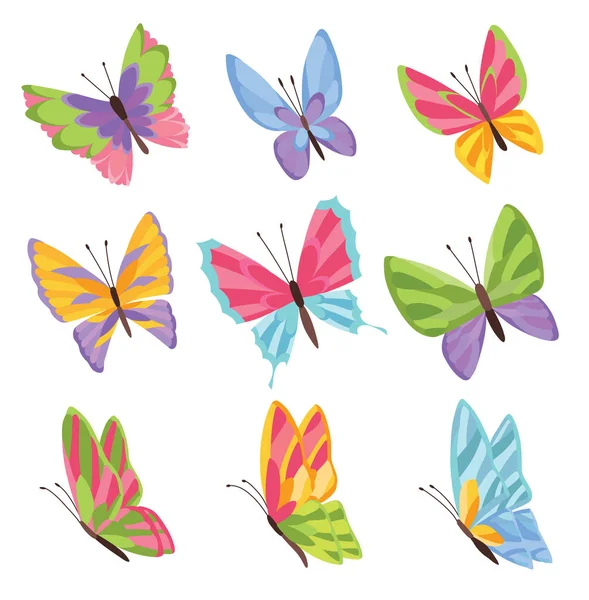 Acuarela colores mariposas aisladas sobre fondo blanco. Bonito conjunto de mariposas vector con paleta de primavera para niño . — Vector de stock