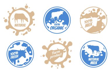 Süt vintage vektör logolar, süt rozetleri, peynir ambalaj etiketleri ile çiftlik hayvanı. Cabukşalterli, taze süt ürün etiket ve rozet şekil süt rozeti.