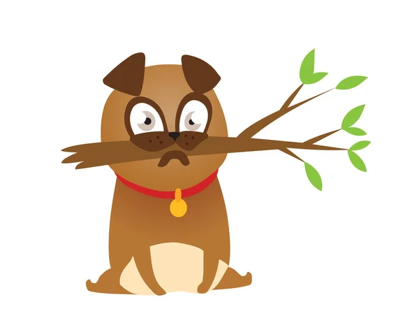 Adorable beige Pug puppie with branch. Humor print vector illustration.