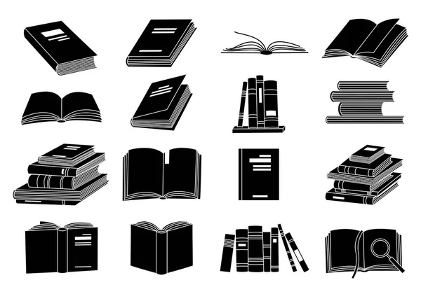 Open boeken zwarte silhouetten. Boek lezen pictogrammen vector illustratie geïsoleerd op wit voor bibliotheek logo of onderwijs symbool. — Stockvector