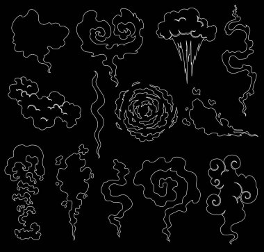 Bulutlar toz ve duman karikatür. Komik üfle ve buhar vektör kümesi. Komik beyaz koku aroma veya koku illüstrasyon.