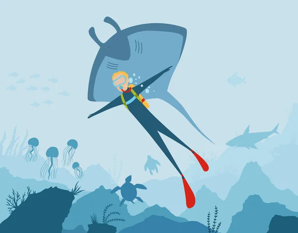 Векторный карикатурный подводный фон с морской флорой и фауной. Коралловый риф, морские растения и силуэты рыб. Дайвер с аквалангом исследует дно моря. Баннер дайвинг-клуба . — стоковый вектор