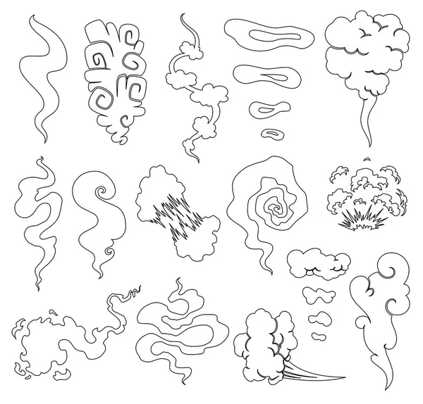 Cartoon van rook en stof van wolken. Komische bladerdeeg en stoom vector set. Komische witte stank aroma of geur illustratie. — Stockvector