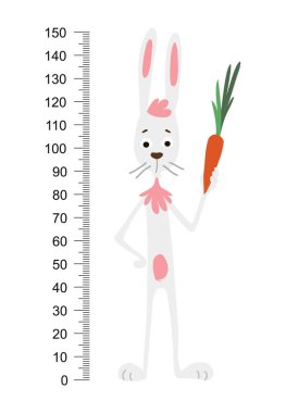 Rabbit wall meter. Cute bunny with a gift on a background of flowers. Stadiometer. Vector illustration. clipart