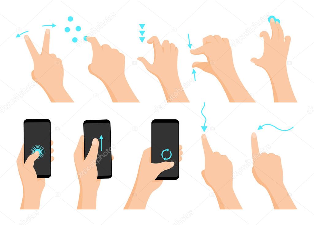 Touch screen hand gestures flat colored icon series with arrows showing direction of movement of fingers isolated vector illustration.
