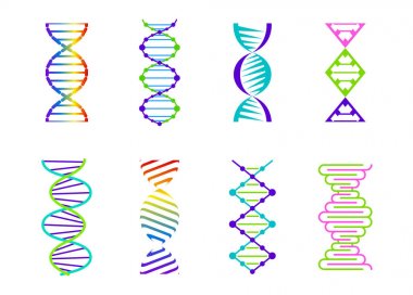 DNA molekül işareti, genetik elemanlar ve simgeler koleksiyon Strand. Vektör renk degrade illüstrasyon.