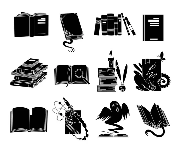 Open books black silhouettes. Fairy tale book reading icons vector illustration isolated on white for library logo or education symbol. — Stock Vector