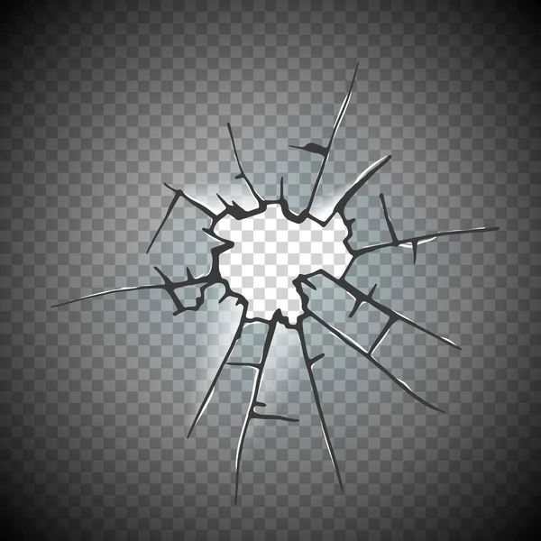 Broken glass window frame vector. Window glass broken isolated on checkered background, illustration damage glass with hole. — Stock Vector