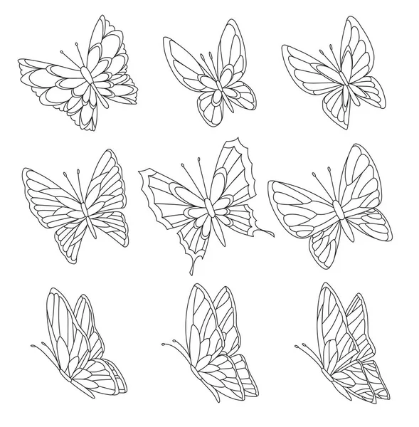 Målarbok sida av fjärilar isolerade på vit bakgrund. Pretty Vector fjäril set med vårpalett för barn. — Stock vektor