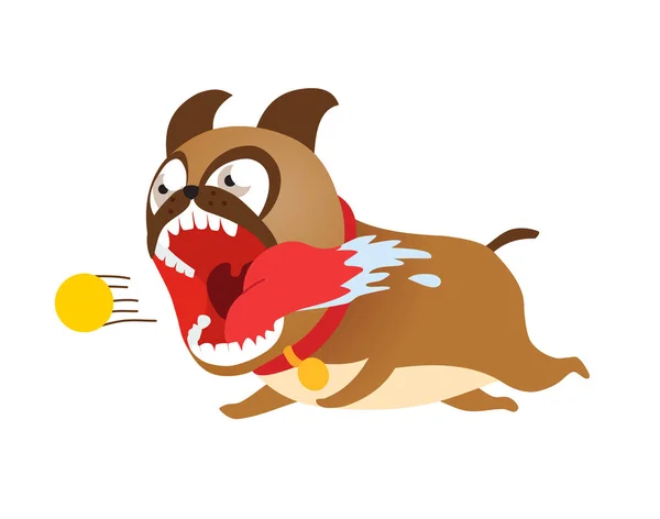 Смешная мультяшная собака бегает за теннисным мячом. Симпатичная векторная иллюстрация . — стоковый вектор