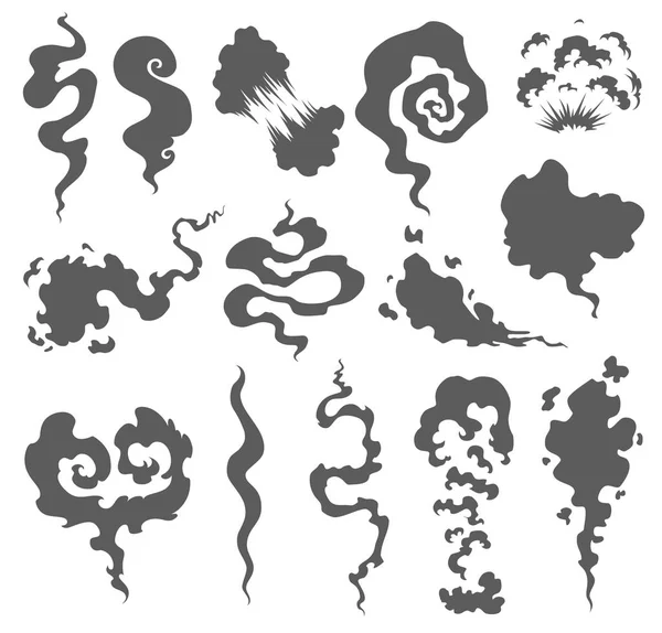 Qué mal olor. Nubes de humo. Nubes de humo de vapor de cigarrillos o antiguos iconos de dibujos animados de cocina de vectores de alimentos caducados. Ilustración de vapor del olor, aroma de la nube . — Archivo Imágenes Vectoriales