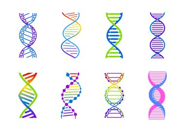 DNA molekül işareti, genetik elemanlar ve simgeler koleksiyon Strand. Vektör renk degrade illüstrasyon.