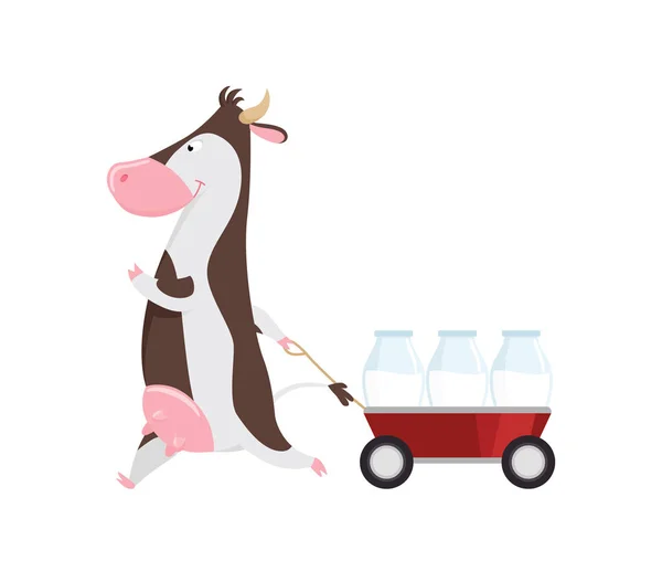 Schöne Kuh zieht Wagen mit Glasflaschen Milch, lustige Bauernhof Tier Zeichentrickfigur Vektor-Illustration auf weißem Hintergrund. — Stockvektor
