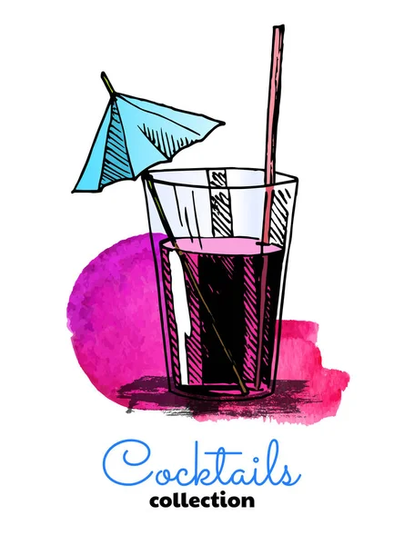 Illustration dessinée à la main de cocktail et éclaboussures d'aquarelle. Illustration vectorielle couleur été . — Image vectorielle