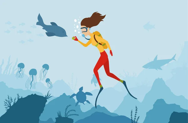 イルカと遊ぶ女の子ダイバー。スキューバダイバー水中の世界サンゴ礁に潜る女の子。夏休み、スポーツアクティブな休日。魚、サンゴ、藻類の水中風景. — ストックベクタ