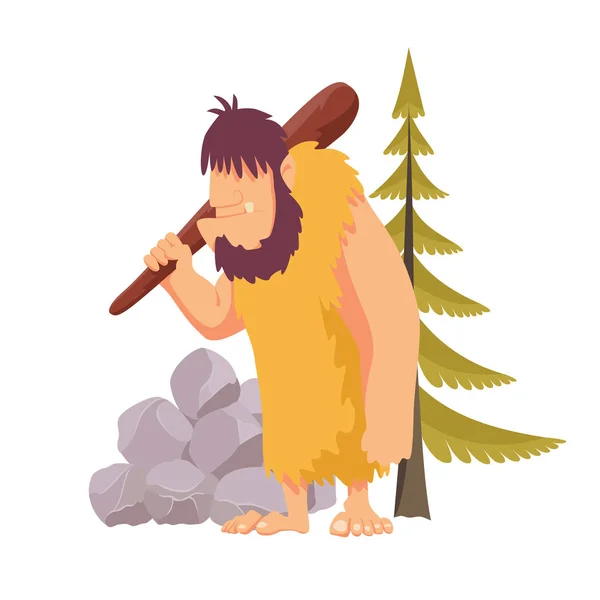 Hombre primitivo de edad de piedra en piel de animal con gran palo de madera. Ilustración vectorial de estilo plano aislado sobre fondo blanco . — Vector de stock