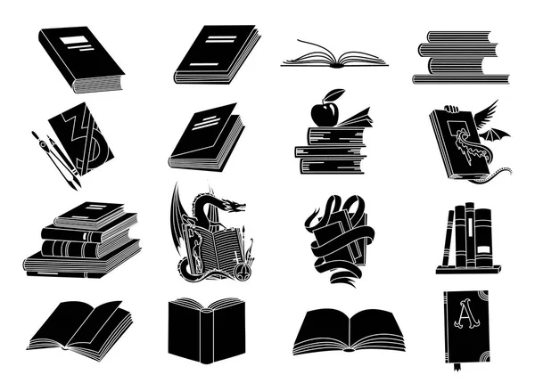 Livros abertos silhuetas pretas. Ícones de leitura de livros ilustração vetorial isolada em branco para logotipo da biblioteca ou símbolo de educação . — Vetor de Stock