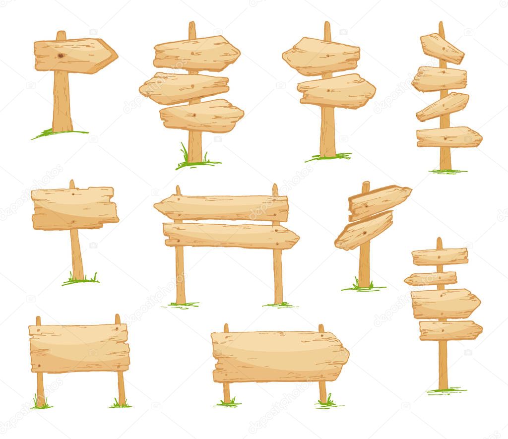 Signboard creation set. Build your own design. Wooden boards of different shapes and sizes. Cartoon style illustration.