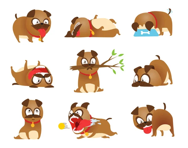 Puppy activity set. Cartoon dog set. Dogs tricks icons and action training digging dirt eating pet food jumping wiggle sleeping running and barking brown happy cute animal poses. — Stock Vector