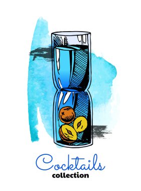 Kokteyl ve suluboya sıçrama el çizilmiş Illustration. Vektör renk yaz illüstrasyon.