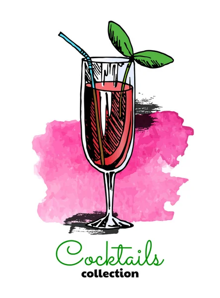 Illustration dessinée à la main de cocktail et éclaboussures d'aquarelle. Illustration vectorielle d'été trois couleurs . — Image vectorielle