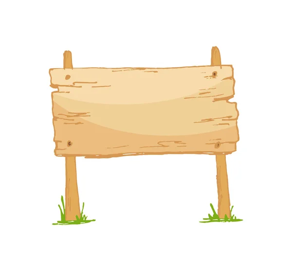 Starý dřevěný prázdný kreslený nápis s travou izolovanou na bílém. Objekt se šipkou a dřevěnou desku na billboard, ilustrace. — Stockový vektor