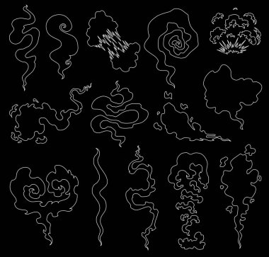 Bulutlar toz ve duman karikatür. Komik üfle ve buhar vektör kümesi. Komik beyaz koku aroma veya koku illüstrasyon.