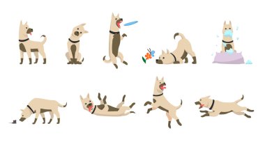 Çizgi film köpek küme. Köpek hileci simgeler ve uyku çalıştıran ve kahverengi sevimli hayvan pozlar izole sembolü illüstrasyon vektör mutlu havlayan wiggle atlama evde beslenen hayvan yemek yeme kir kazma eylem eğitim.