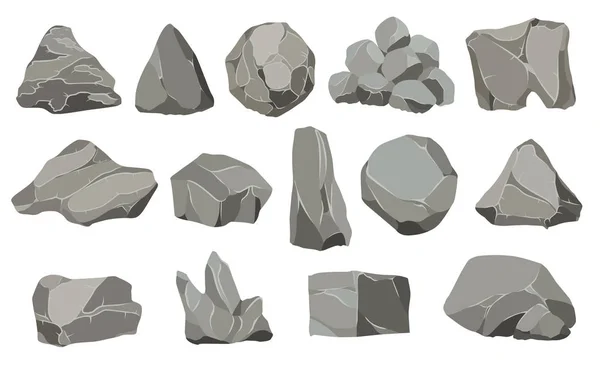 Gesteinssteine. Graphitstein, Kohle und Gestein stapeln sich für Wand- oder Bergkiesel. Kieselsteine, graue Steinhaufen Karikatur isoliert Vektor Symbole Illustration Set. — Stockvektor
