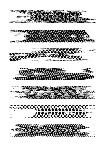 Set silhouette pista gomme nere. Grunge pneumatico traccia isolato su sfondo bianco. Traccia di pneumatici con macchie d'inchiostro. Pneumatico strada strada schizzi carta da parati . — Vettoriale Stock