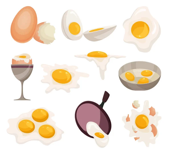 Huevo vector alimentos saludables clara de huevo o yema en taza de huevo para el desayuno ilustración conjunto de cáscara de huevo o ingredientes en forma de huevo aislados sobre fondo blanco . — Vector de stock