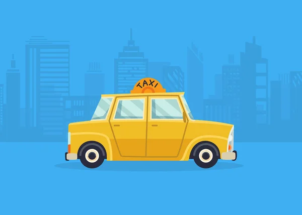 Autos auf dem Stadtpanorama. Taxidienst. Gelbe Taxis. Taxi-Anwendung, Stadtsilhouette mit Wolkenkratzern und Türmen. — Stockvektor