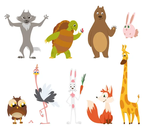 Dibujos animados animales salvajes en diferentes poses sobre fondo blanco . — Vector de stock