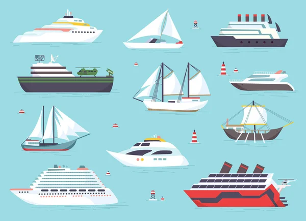 Denizde, sevkiyat tekne, gemi okyanus ulaşım vektör Icons set — Stok Vektör