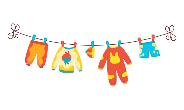 Verschillende items van baby kleding op touw geïsoleerde vector illustratie op witte achtergrond. Wasserij gehouden door kunststof haringen drogen. — Stockvector