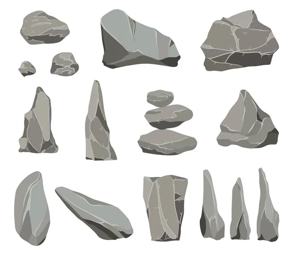 Gesteinssteine. Graphitstein, Kohle und Gestein stapeln sich für Wand- oder Bergkiesel. Kieselsteine, graue Steinhaufen Karikatur isoliert Vektor Symbole Illustration Set. — Stockvektor