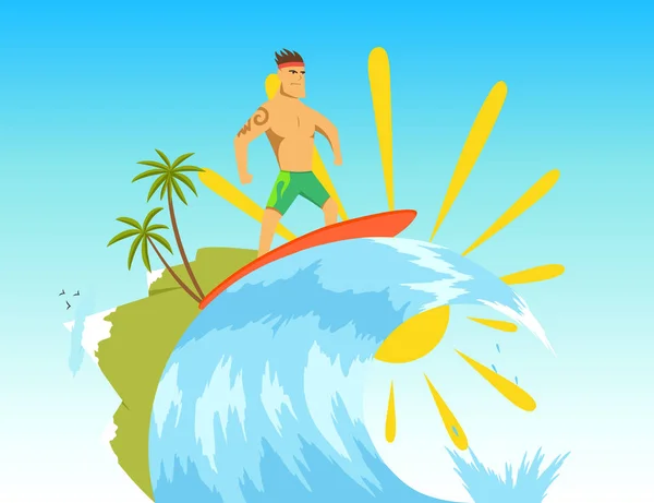 Surfista cavalcando l'onda. Illustrazione vettoriale in stile piatto . — Vettoriale Stock