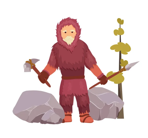 Edad de piedra del norte hombre primitivo bien vestido con ropa de abrigo de piel con martillo de piedra y lanza . — Vector de stock