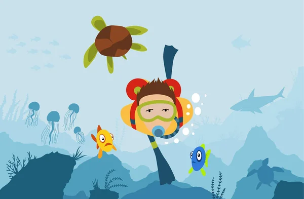 Buceador hombre buceo con tortuga grande en el fondo del mar con vegatación submarina vector ilustración diseño gráfico . — Archivo Imágenes Vectoriales