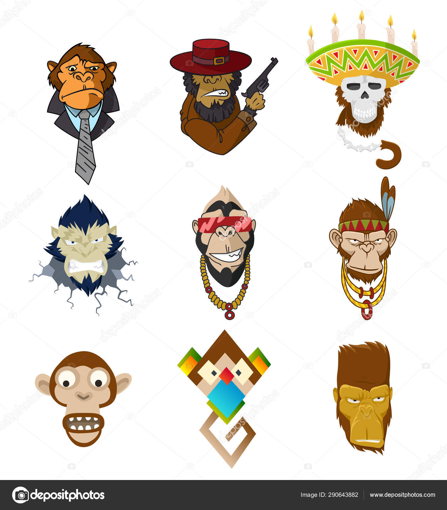 Set Of Gangster Monkeys Holding Machine Gun Vector Serios